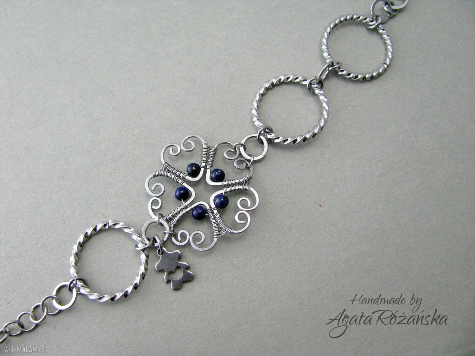 Bransoletka Lapis Lazuli ze stali chirurgicznej - wire wrapping