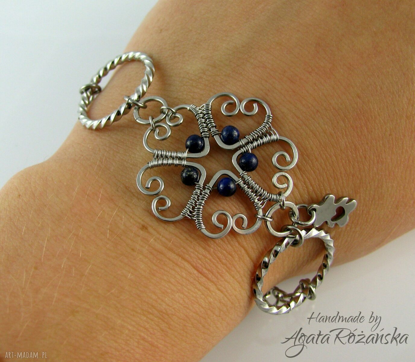 Bransoletka Lapis Lazuli ze stali chirurgicznej - wire wrapping
