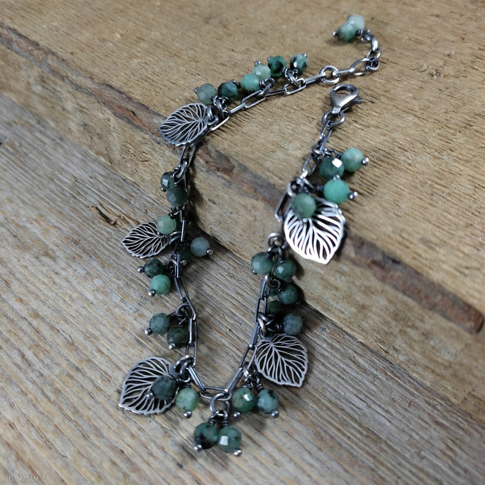Bransoletka handmade ze szmaragdem - listki w srebrze oksydowanym