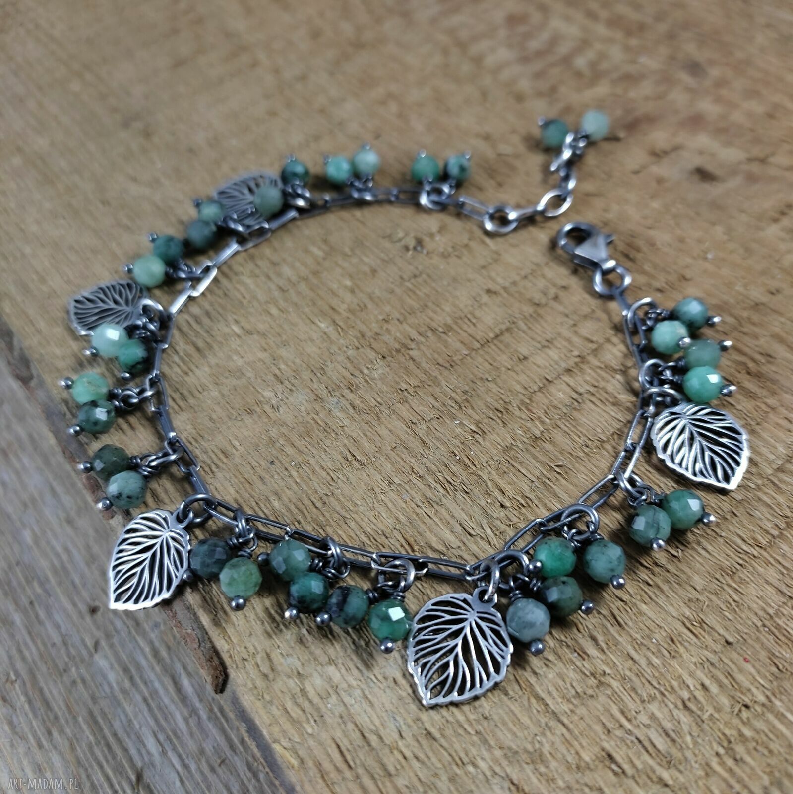 Bransoletka handmade ze szmaragdem - listki w srebrze oksydowanym