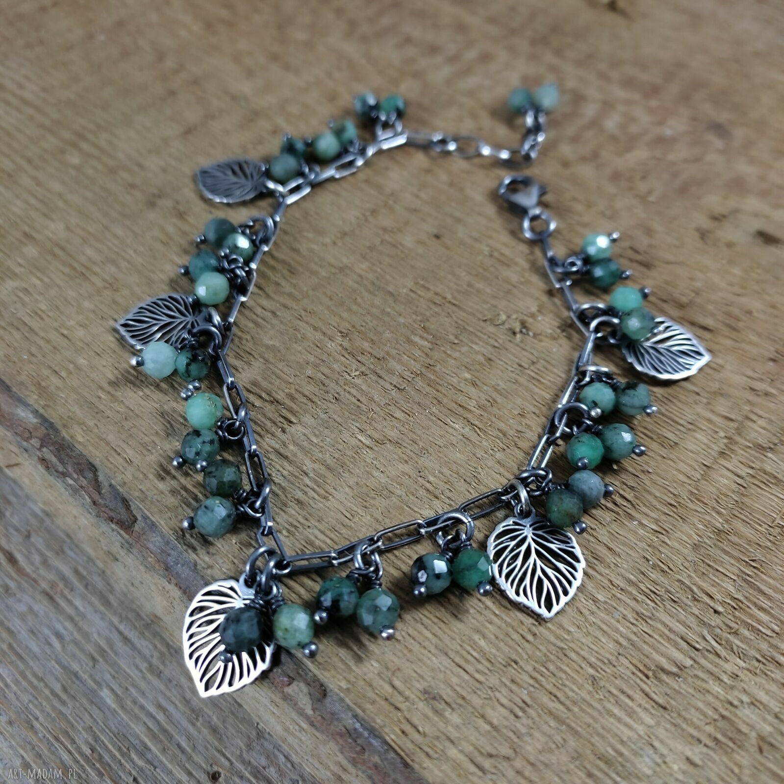 Bransoletka handmade ze szmaragdem - listki w srebrze oksydowanym
