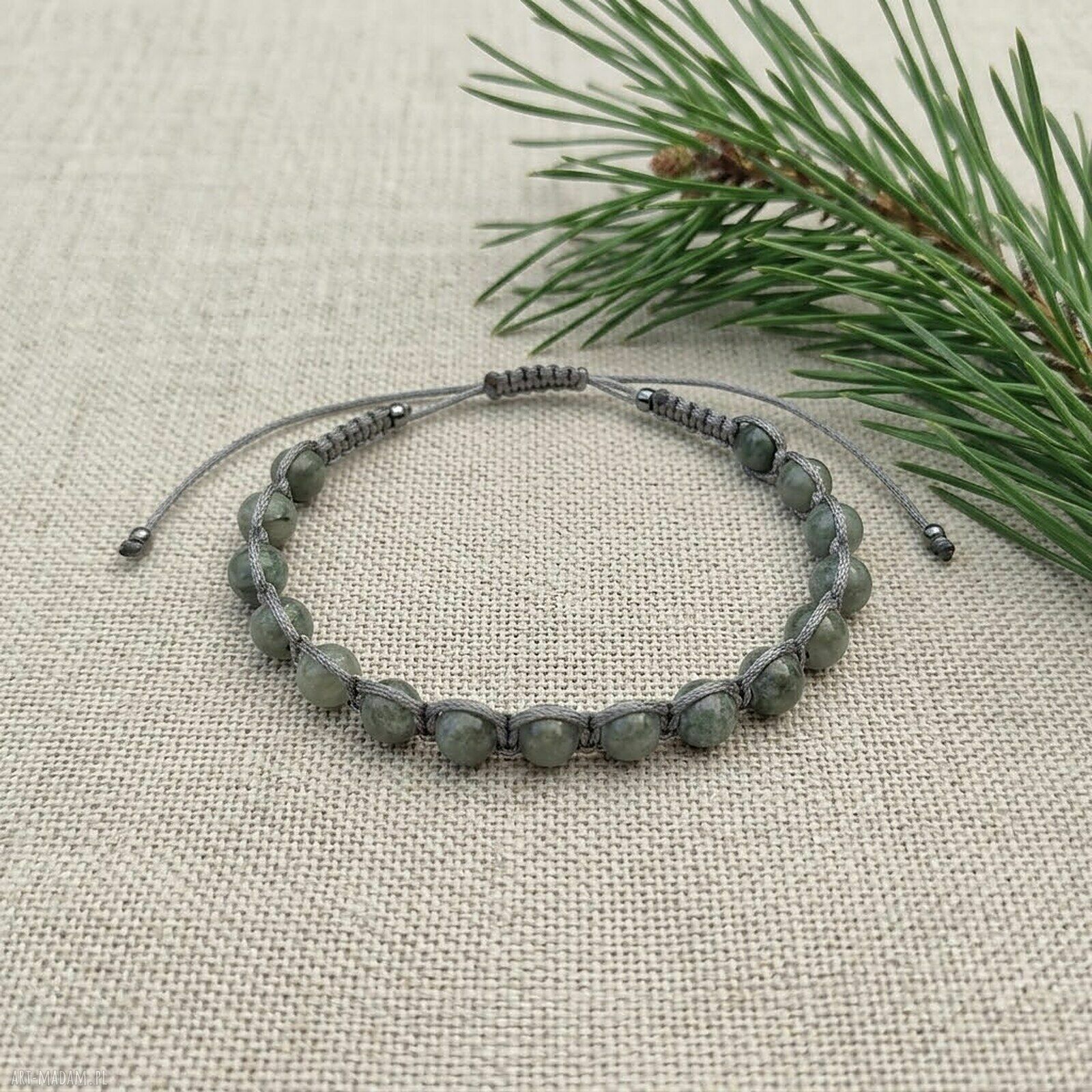 Bransoletka z naturalnym serpentynitem - szaro-zielona makrama
