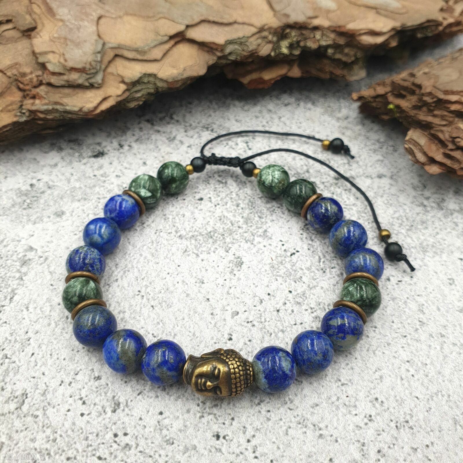 Bransoletka makrama Śpiący Budda z lapis lazuli, serafinitem i onyksiem