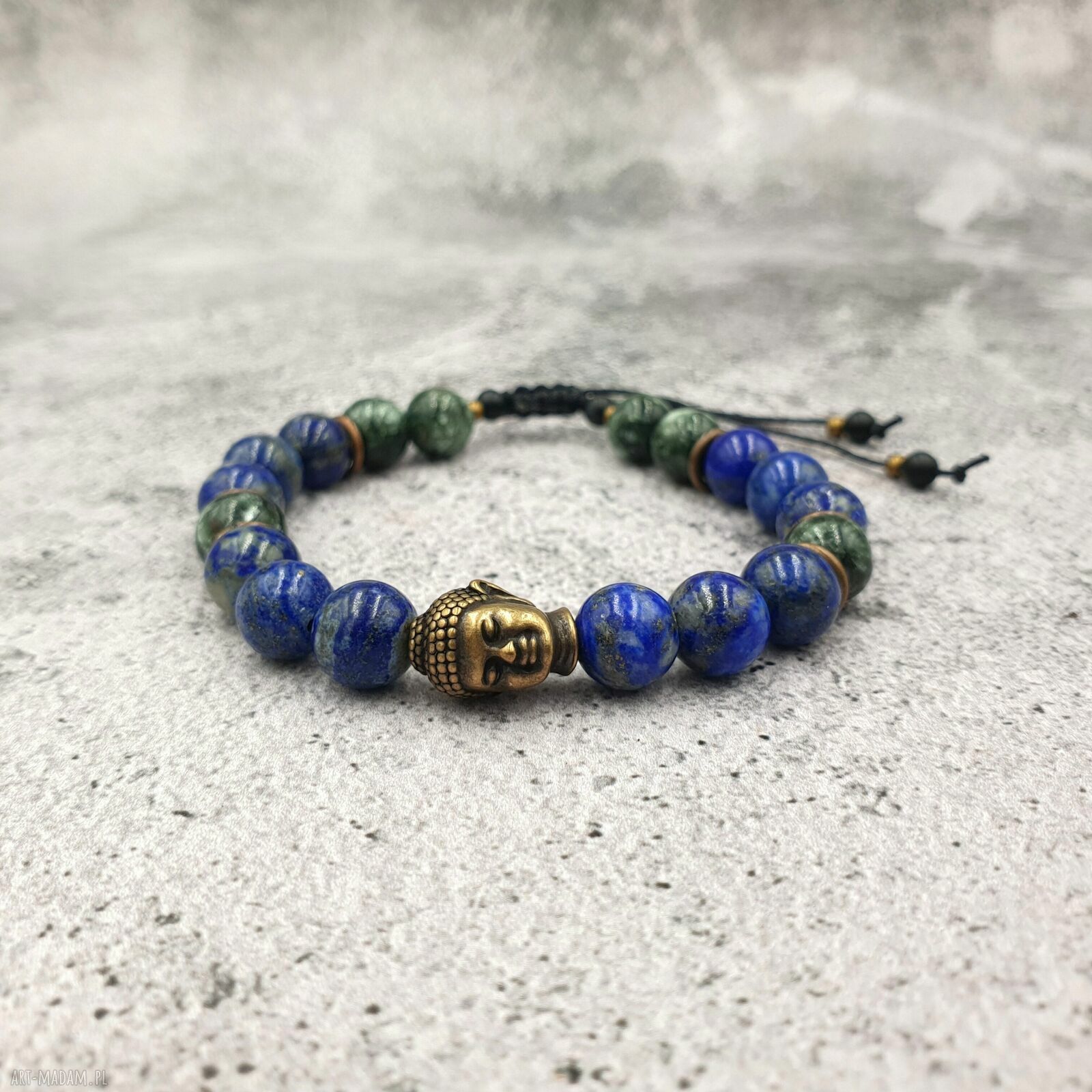 Bransoletka makrama Śpiący Budda z lapis lazuli, serafinitem i onyksiem