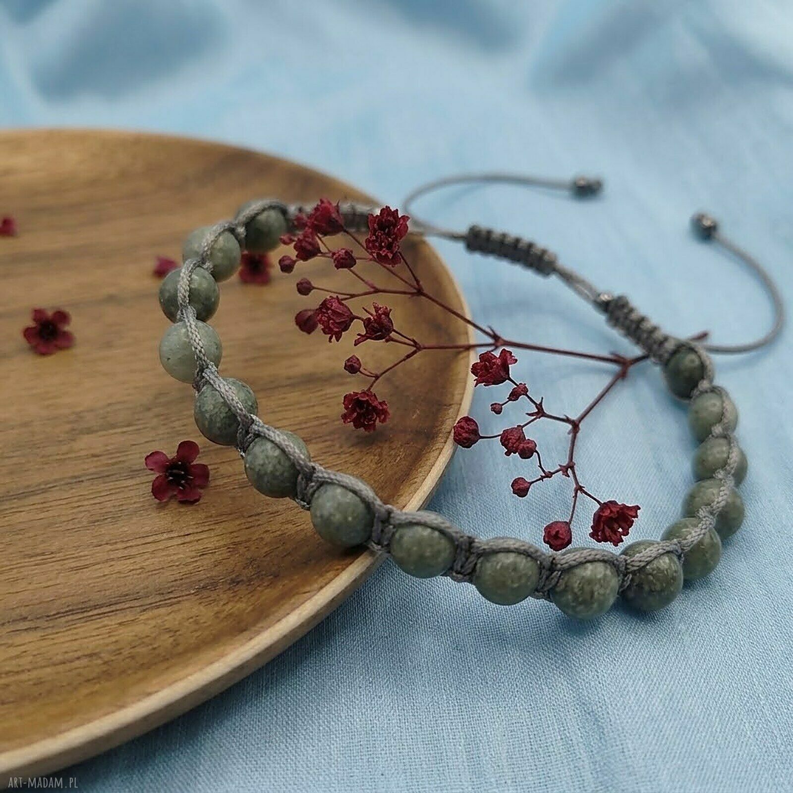 Bransoletka z naturalnym serpentynitem - szaro-zielona makrama