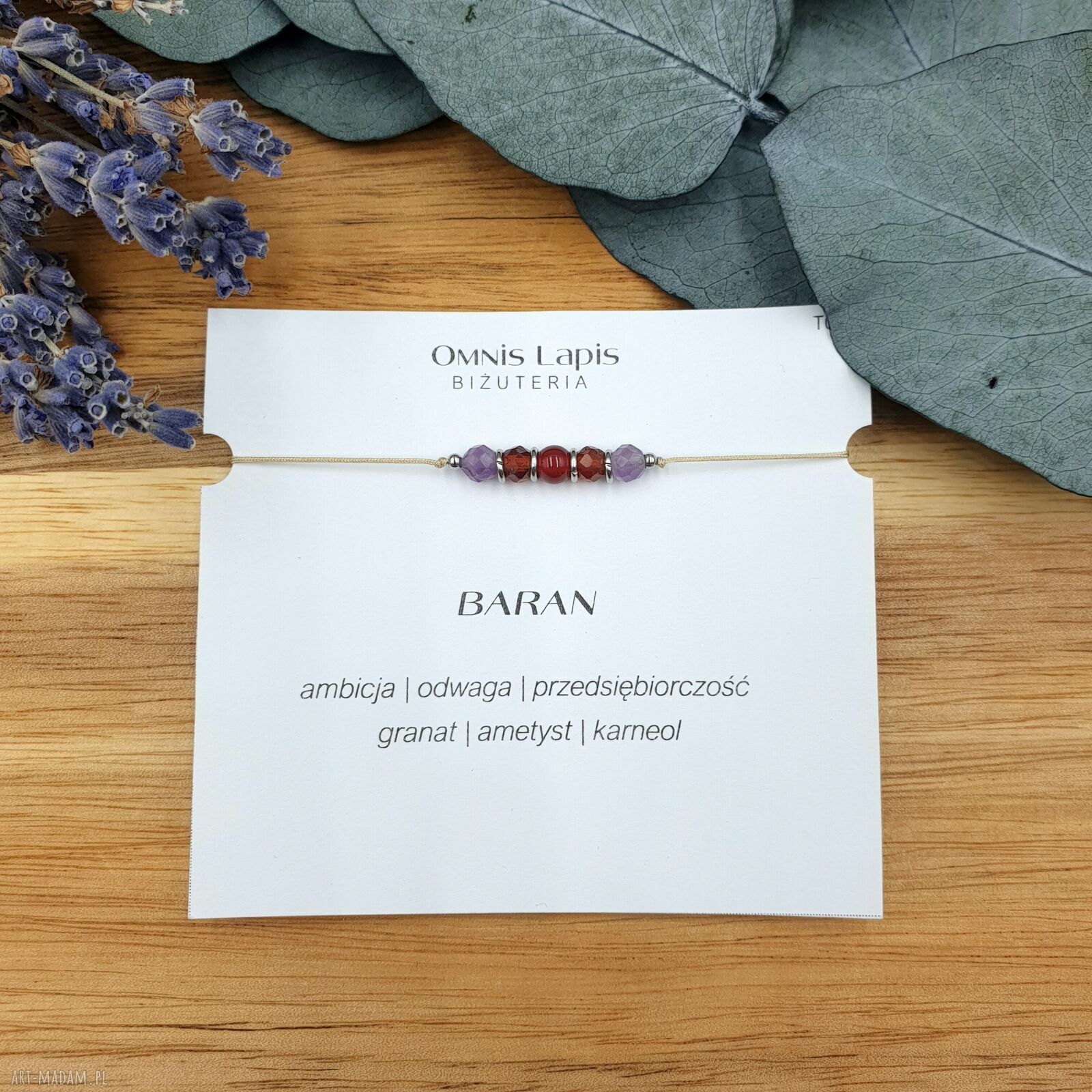 Bransoletka makrama Zodiak Baran - granat, ametyst i karneol