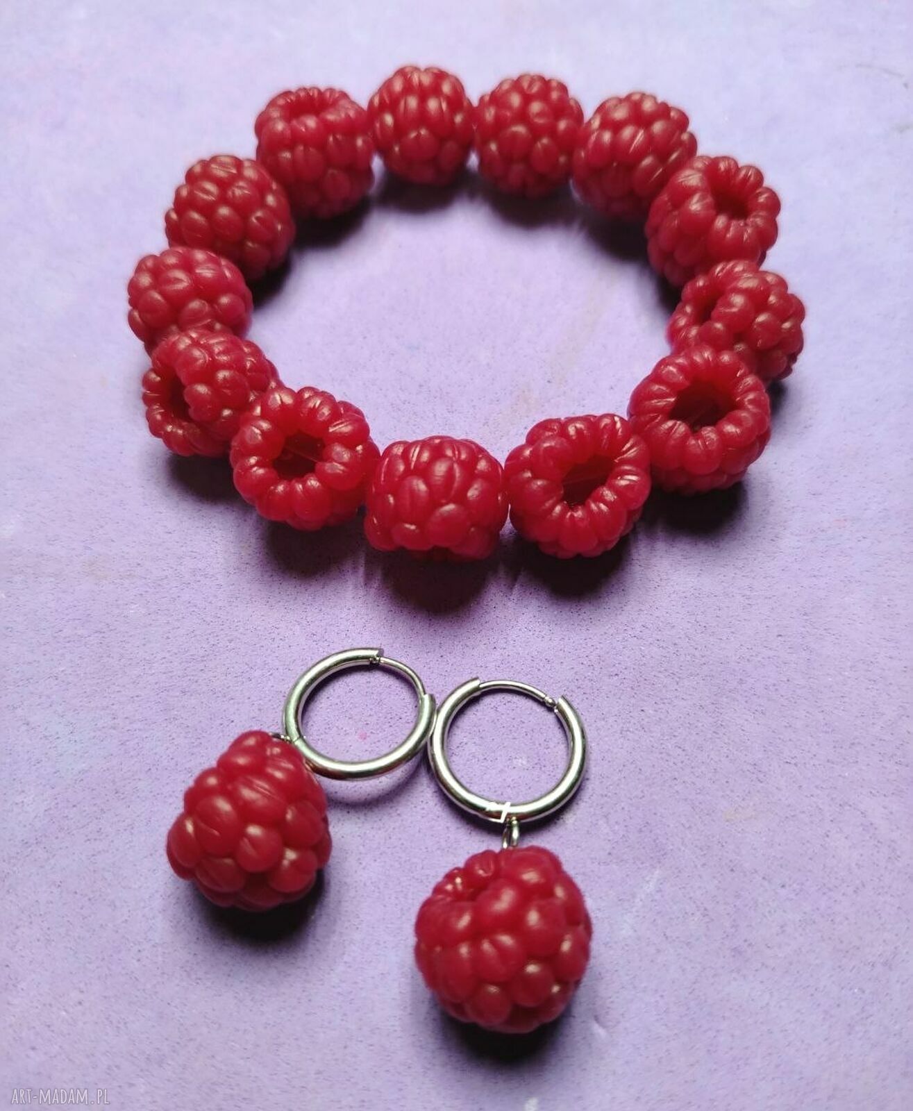 Malinowy komplet biżuterii handmade - bransoletka i kolczyki
