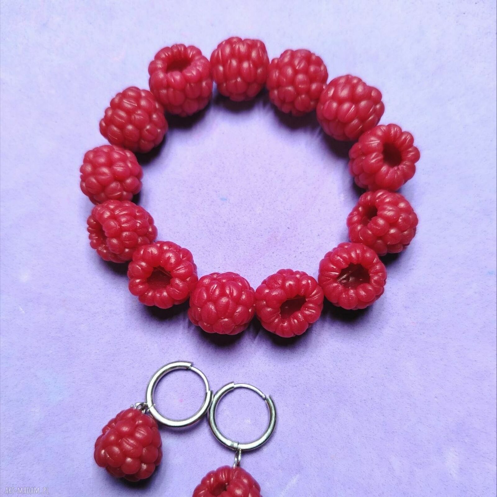 Malinowy komplet biżuterii handmade - bransoletka i kolczyki