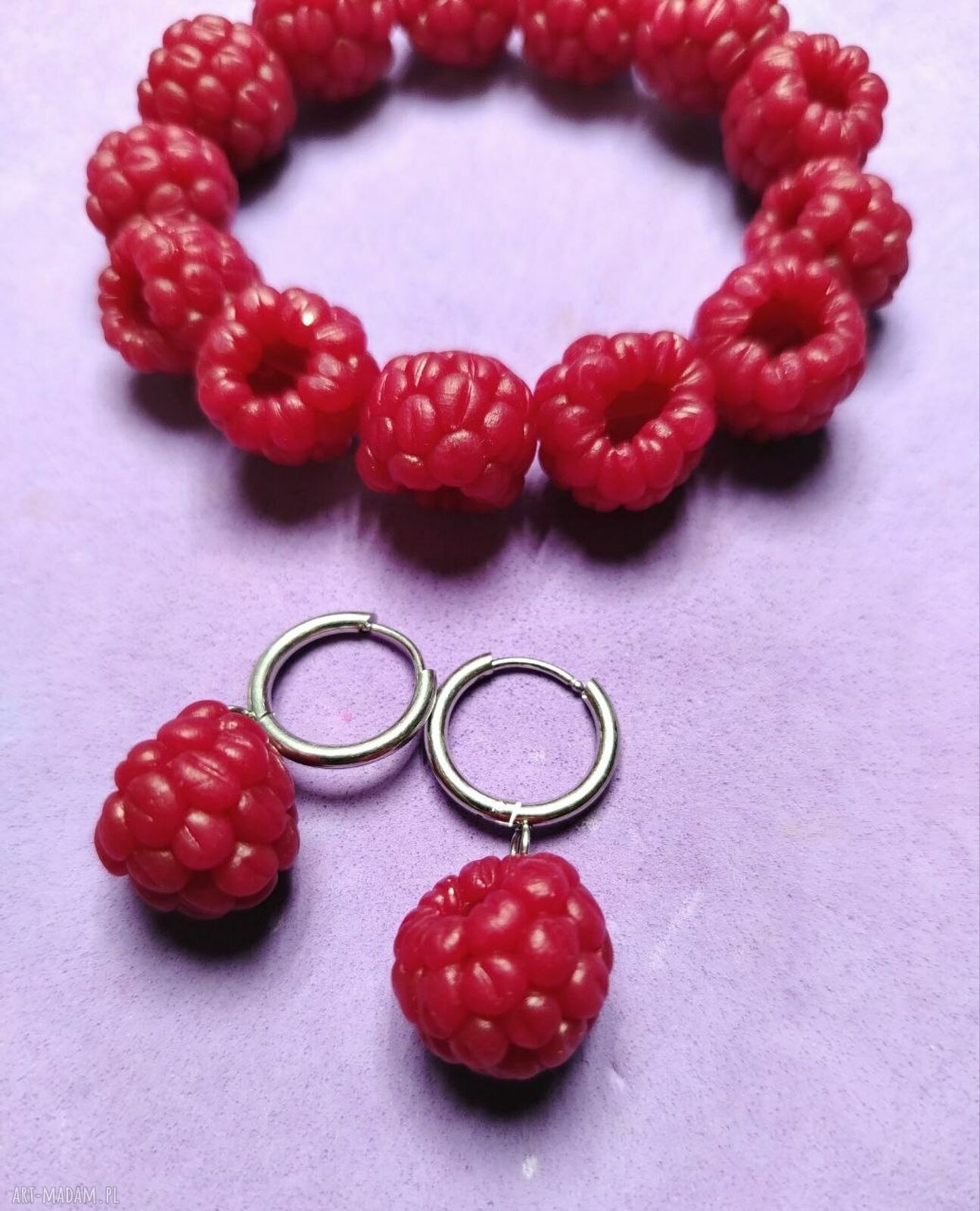 Malinowy komplet biżuterii handmade - bransoletka i kolczyki