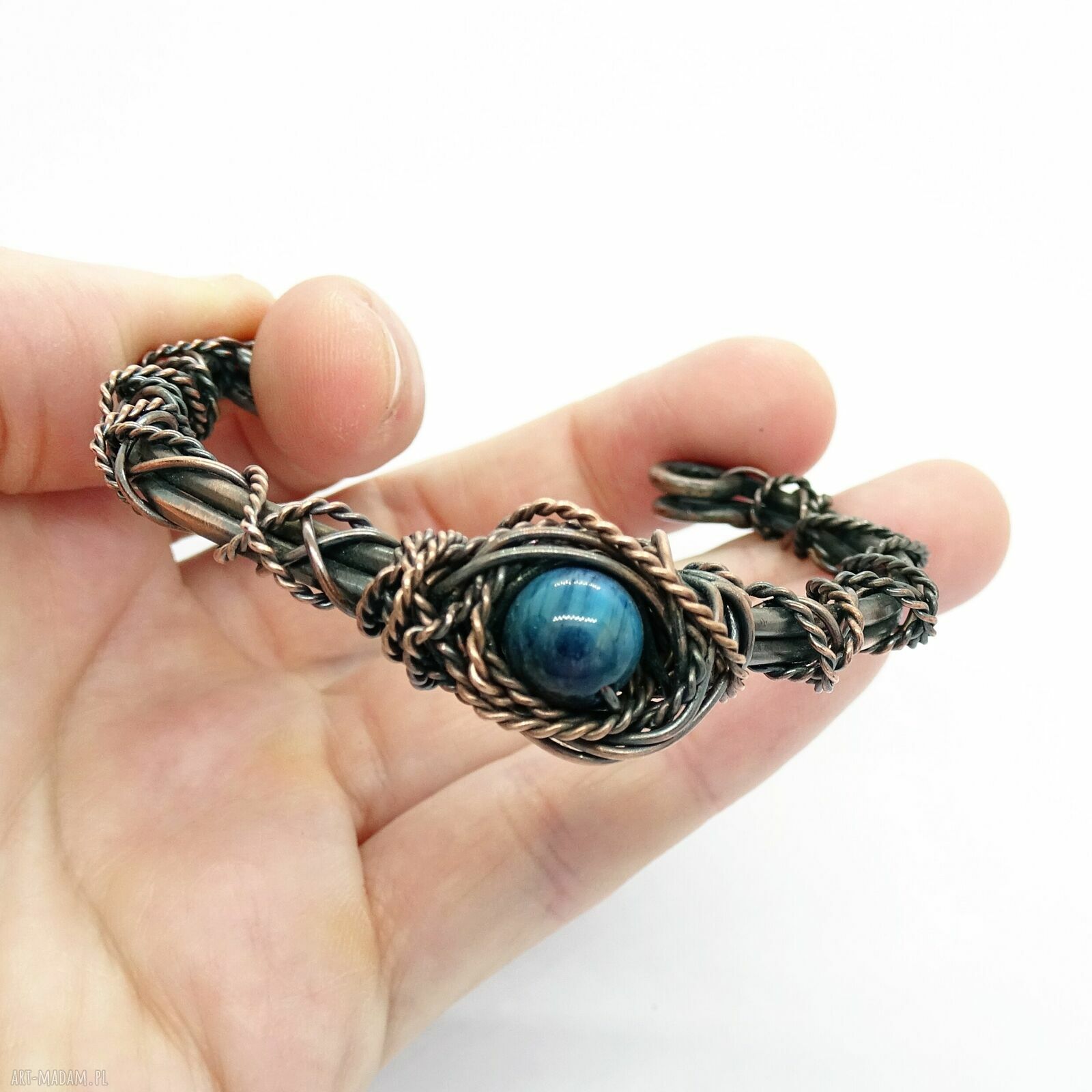 Bransoletka miedziana bez zapięcia z niebieskim tygrysim okiem - cuff handmade
