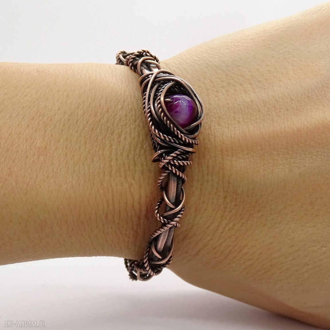 Bransoletka miedziana z różowym agatem (cuff) - boho handmade