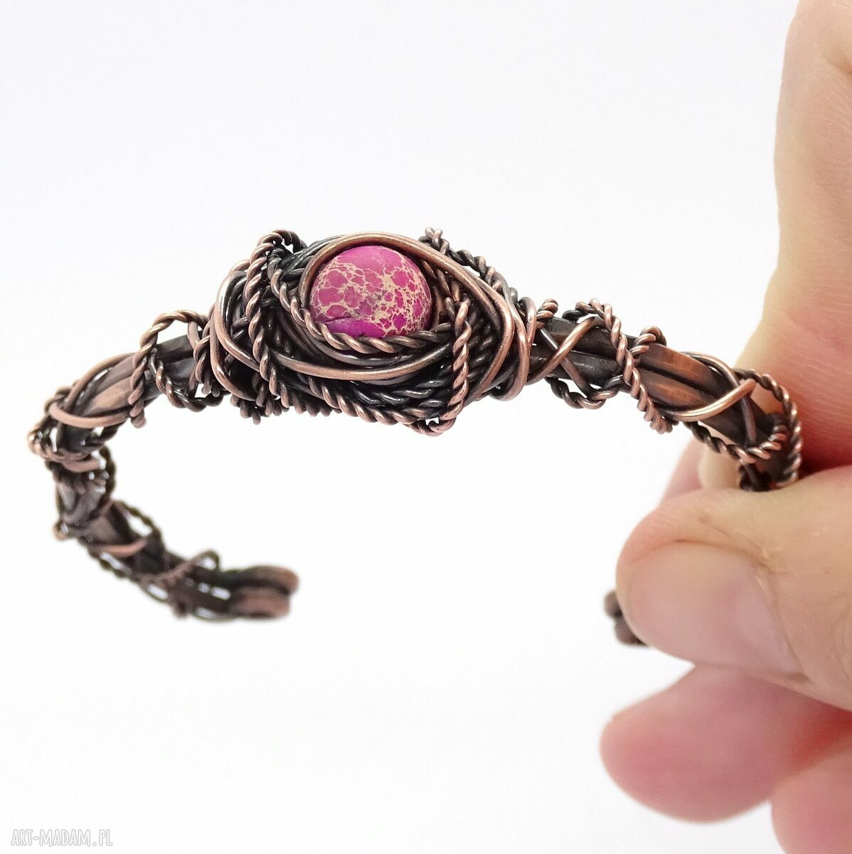 Miedziana bransoletka typu cuff z różowym jaspisem boho