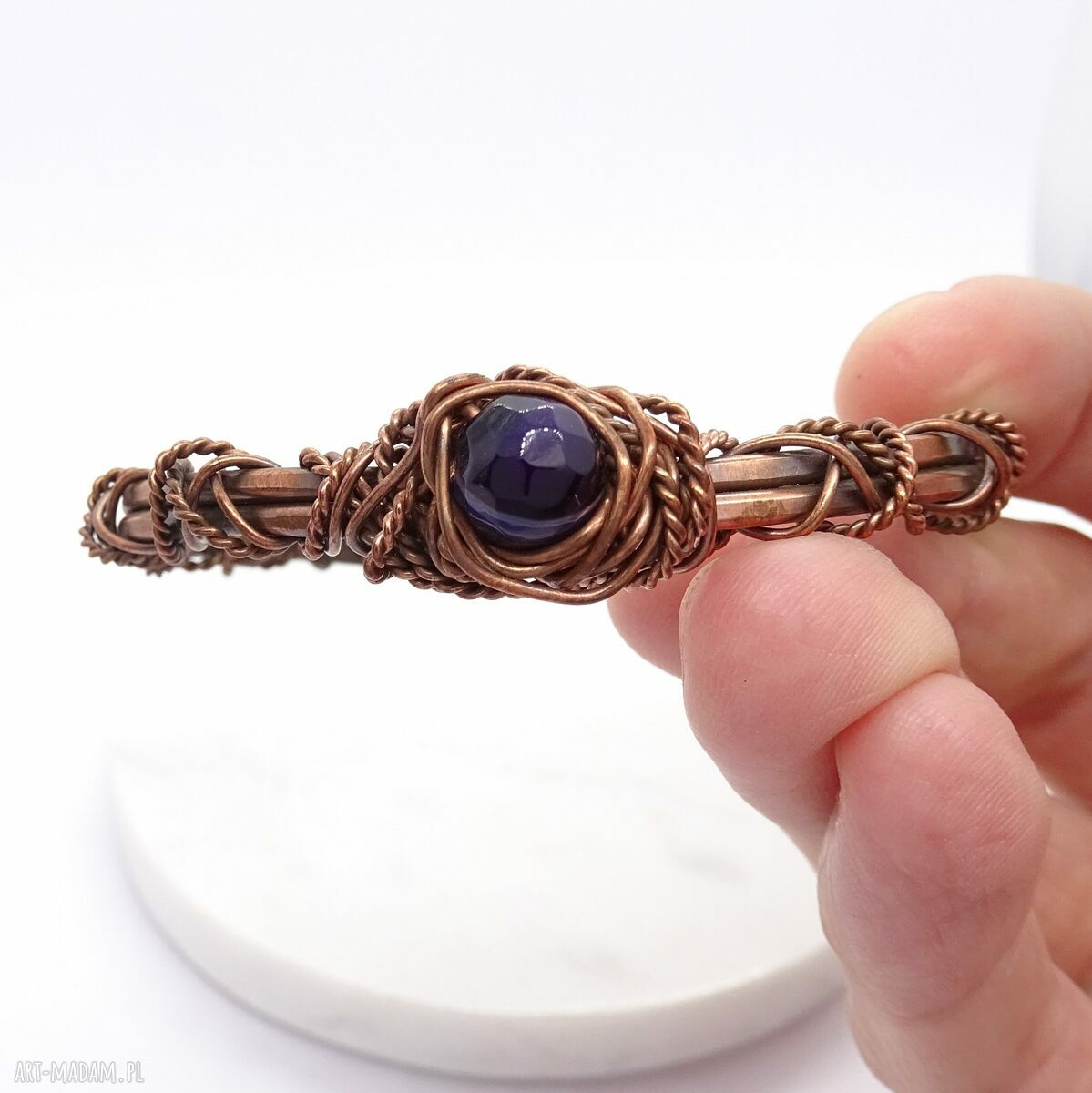 Szeroka bransoletka miedziana z fioletowym agatem - cuff wire-wrapping