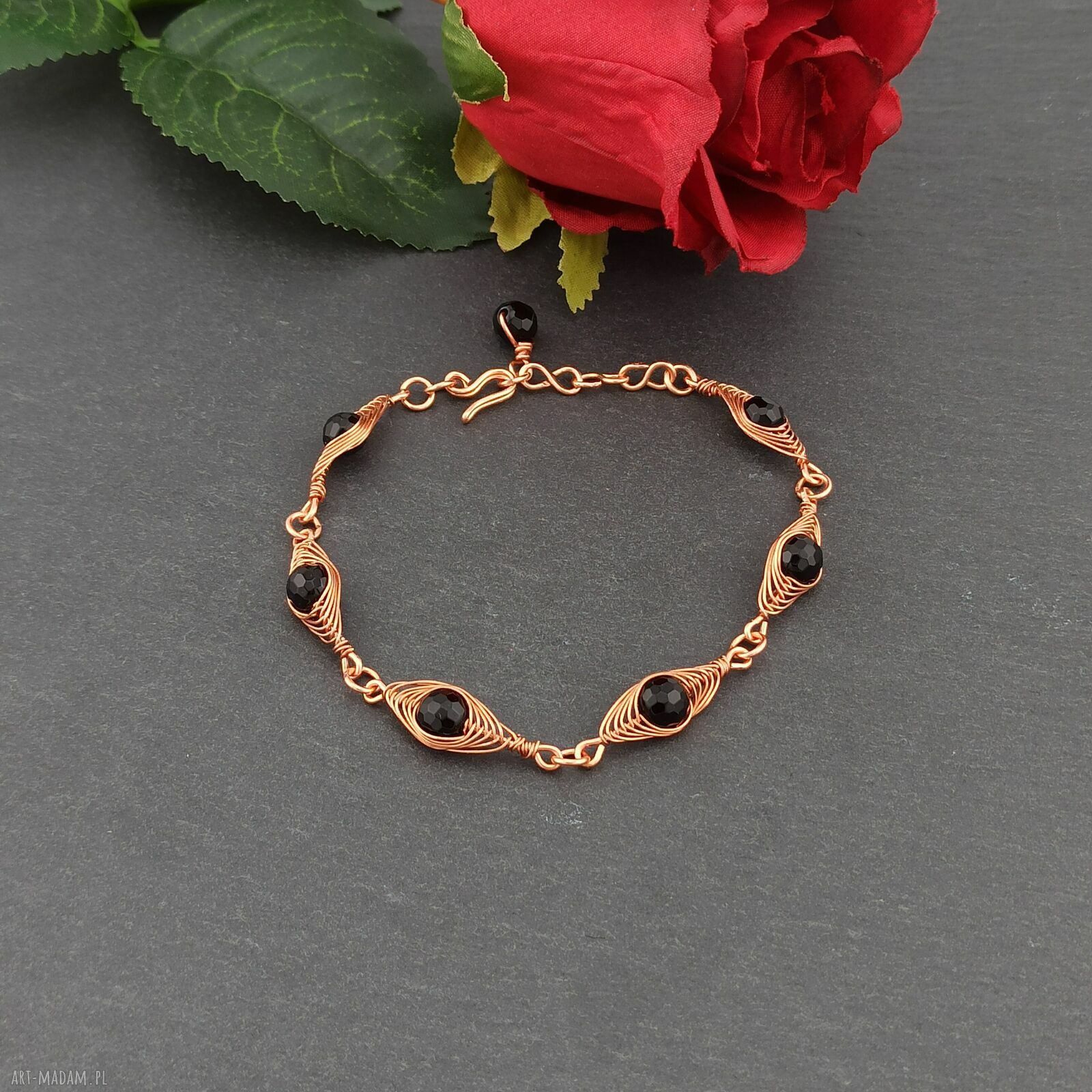 Bransoletka miedziana z onyks - wire wrapping dla kobiet