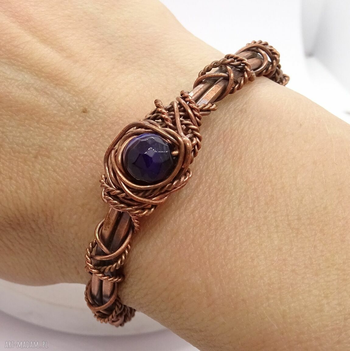 Szeroka bransoletka miedziana z fioletowym agatem - cuff wire-wrapping
