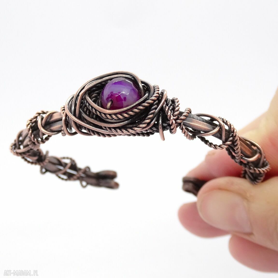 Bransoletka miedziana z różowym agatem (cuff) - boho handmade