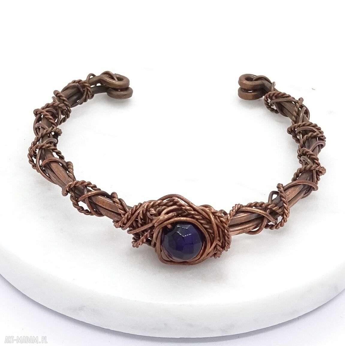 Szeroka bransoletka miedziana z fioletowym agatem - cuff wire-wrapping