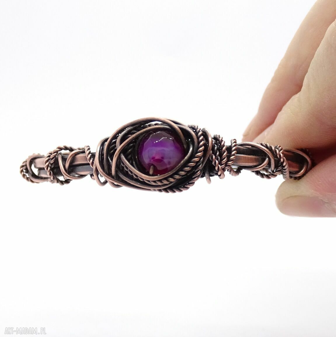 Bransoletka miedziana z różowym agatem (cuff) - boho handmade