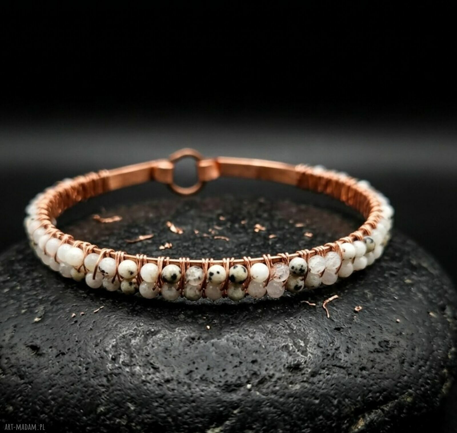 Bransoletka miedziana z kamieniem księżycowym - wire wrapping ręcznie robiona