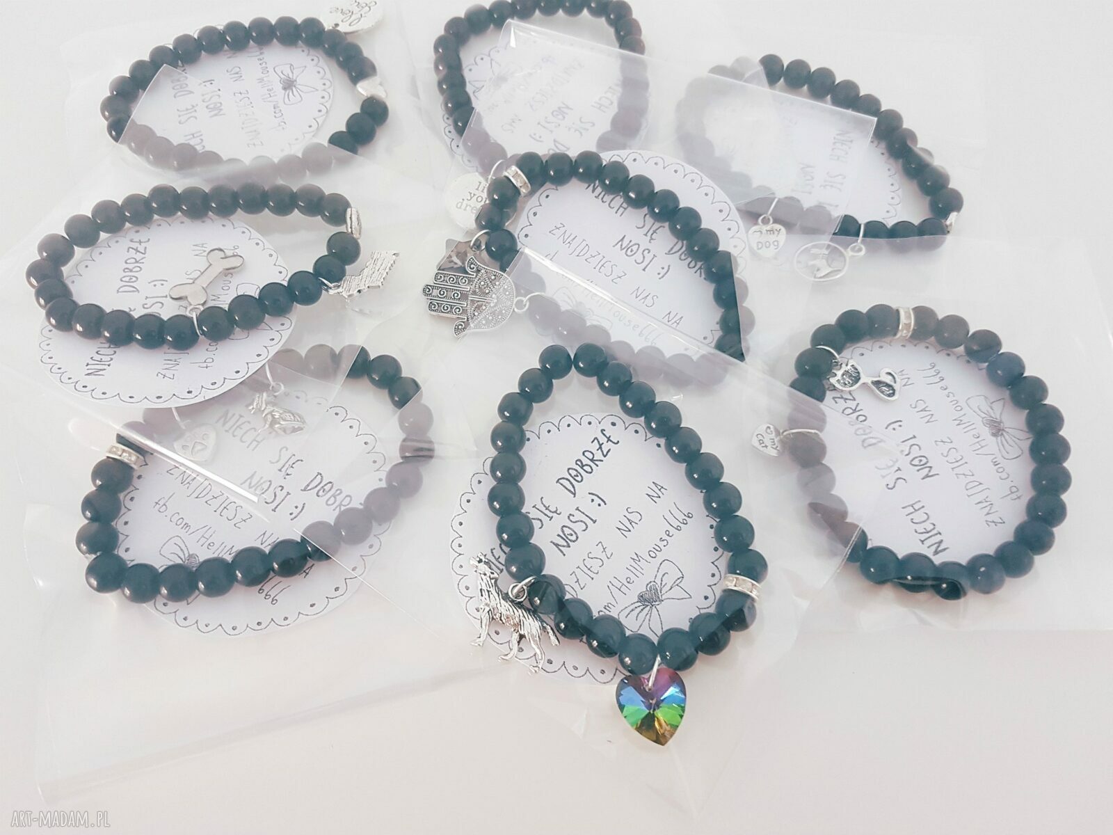 bransoletka miłośniczki kotów czarna na gumce Hand Made