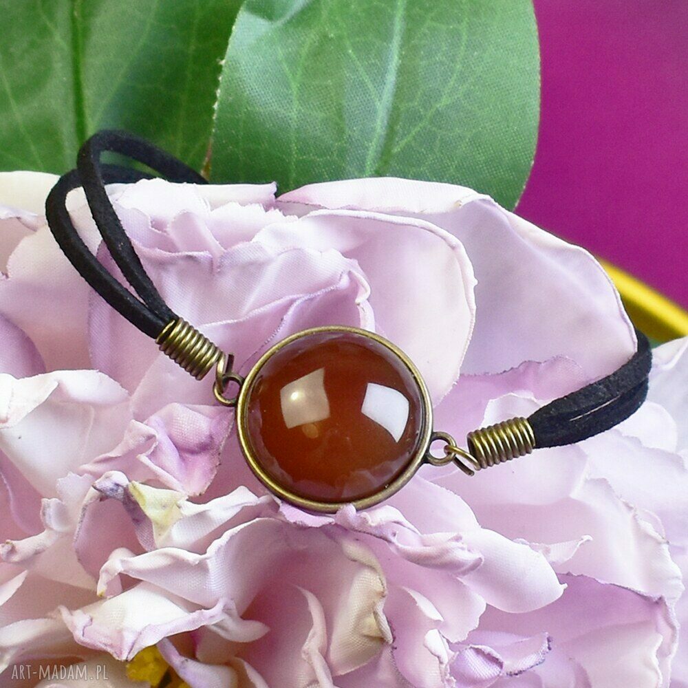 Bransoletka rzemyku kamień czerwony agat antyczny brąz #101 retro