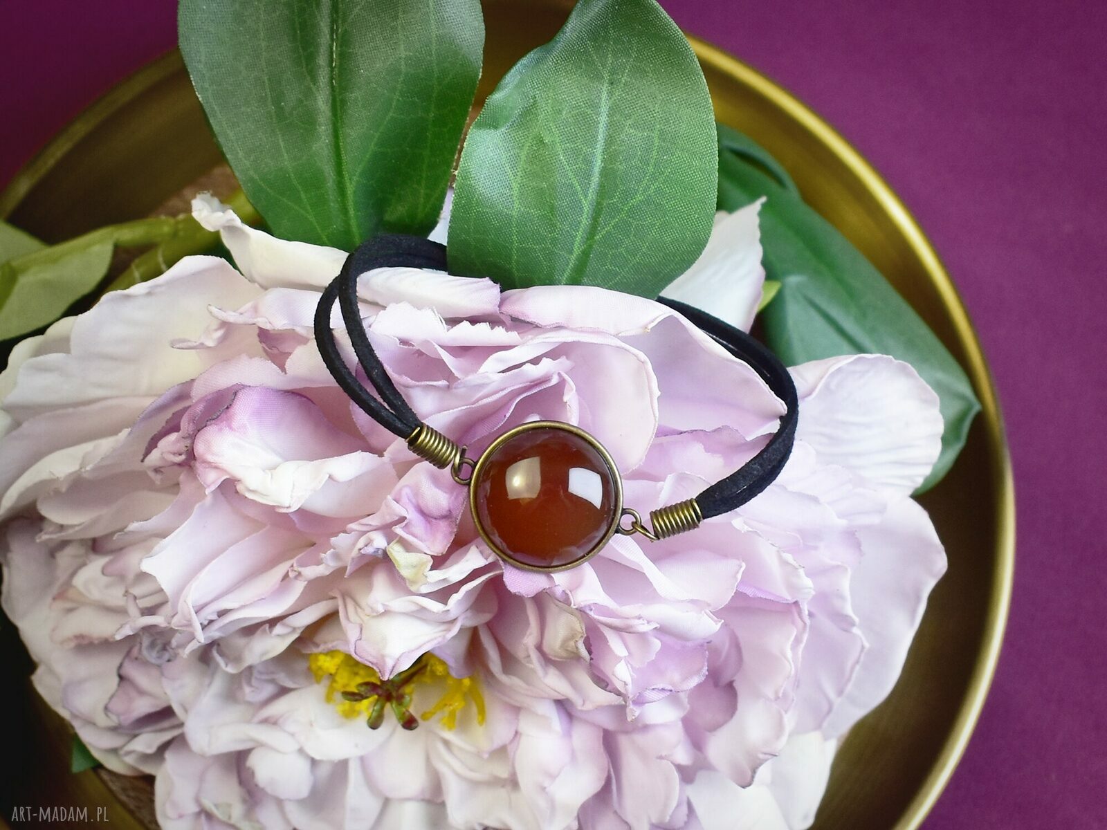 bransoletki: Bransoletka na rzemyku kamień czerwony agat antyczny brąz #101 handmade