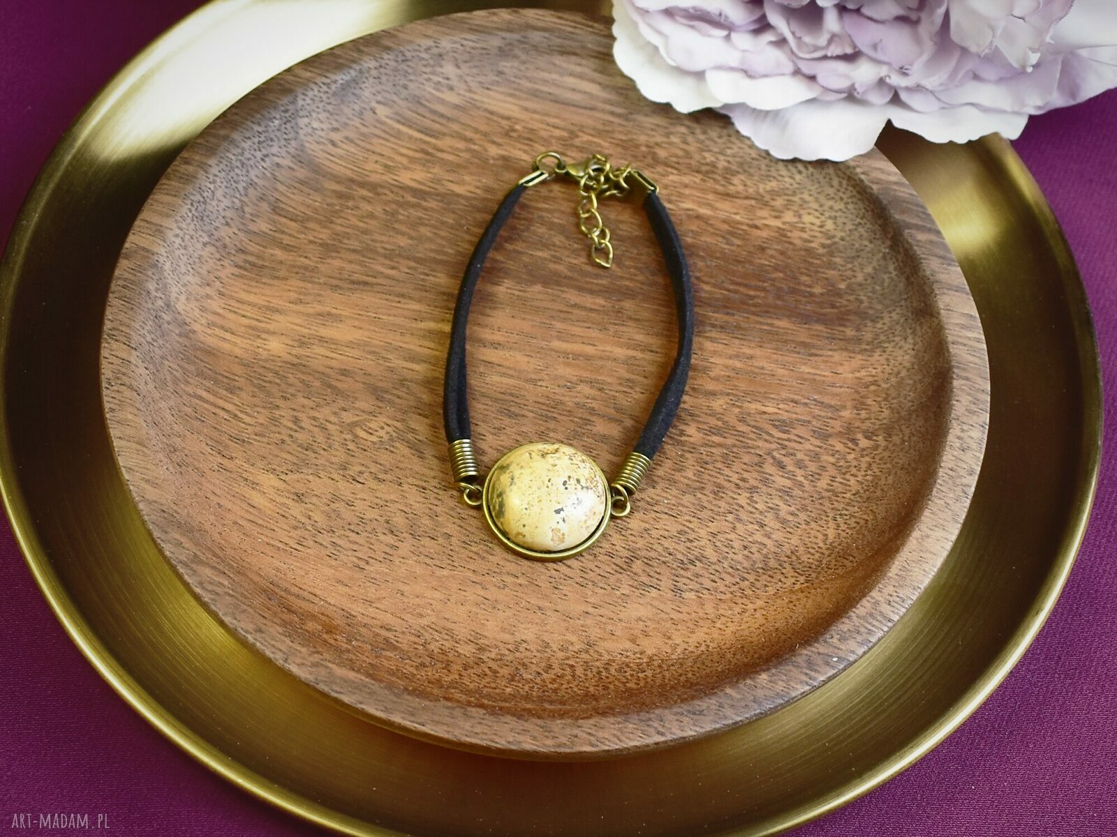 Bransoletka handmade z jaspisem krajobrazowym na rzemyku antyczny brąz #91