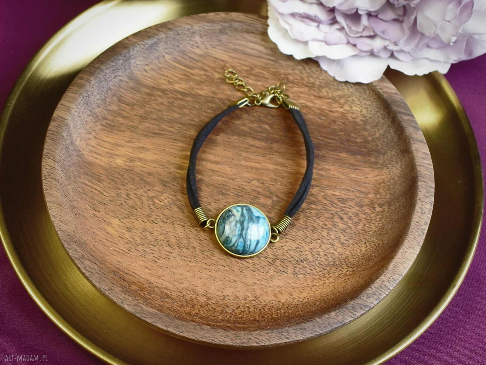 bransoletki: Bransoletka na rzemyku kamień jaspis niebieski antyczny brąz #97
