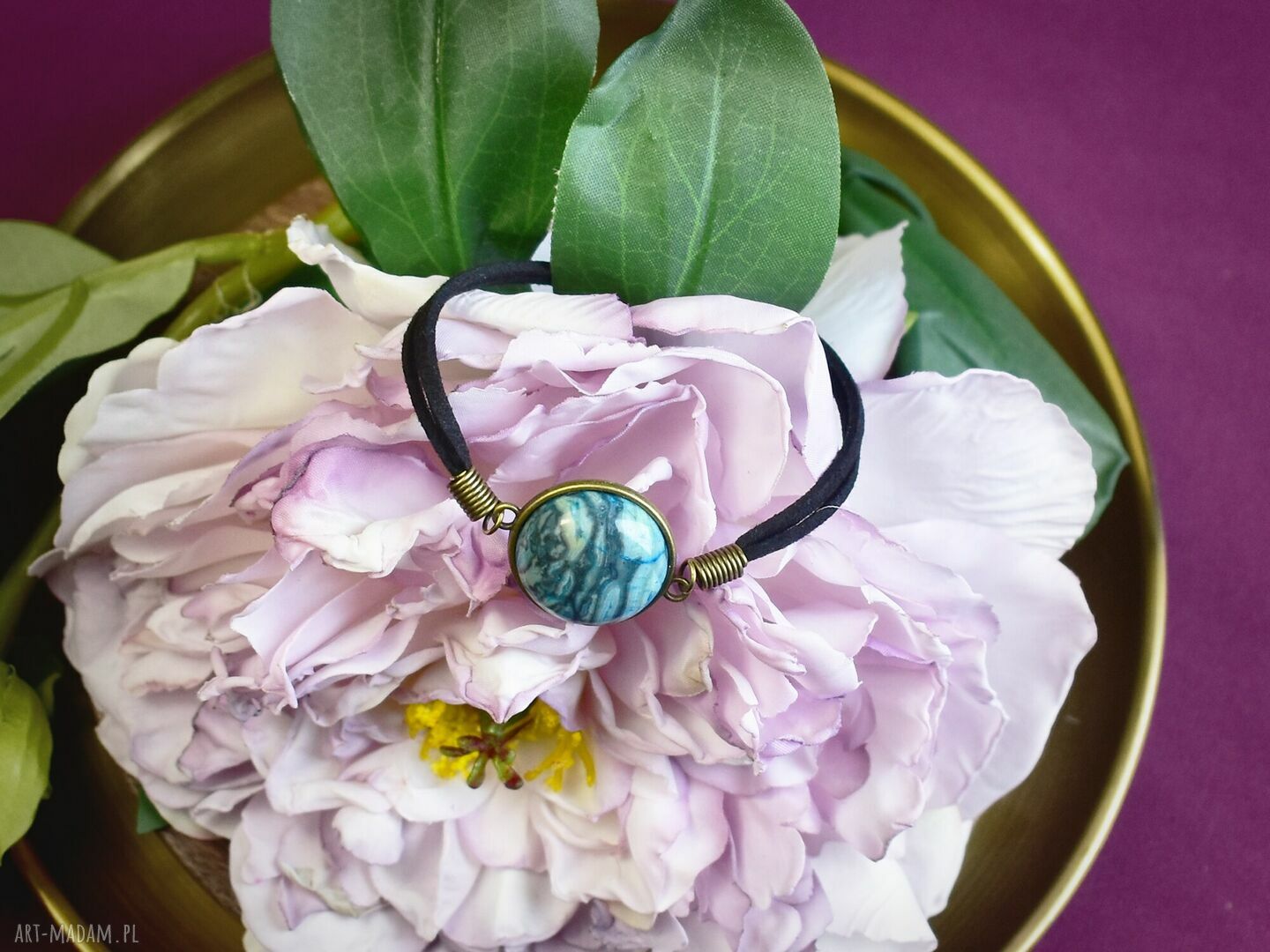 bransoletki: Bransoletka na rzemyku kamień jaspis niebieski antyczny brąz #97