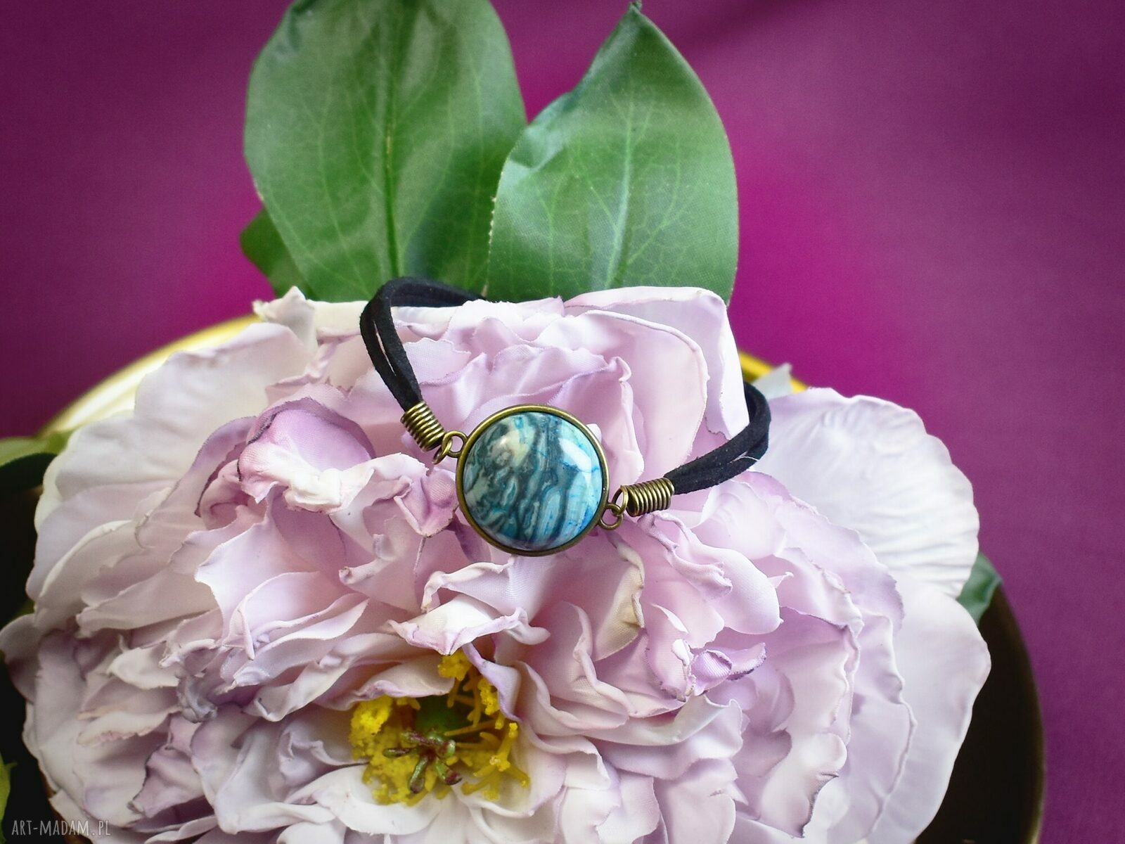 bransoletki: Bransoletka na rzemyku kamień jaspis niebieski antyczny brąz #97