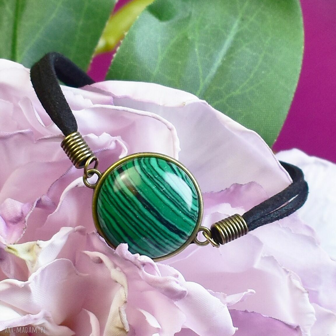 Bransoletka rzemyku kamień malachit antyczny brąz #92 retro