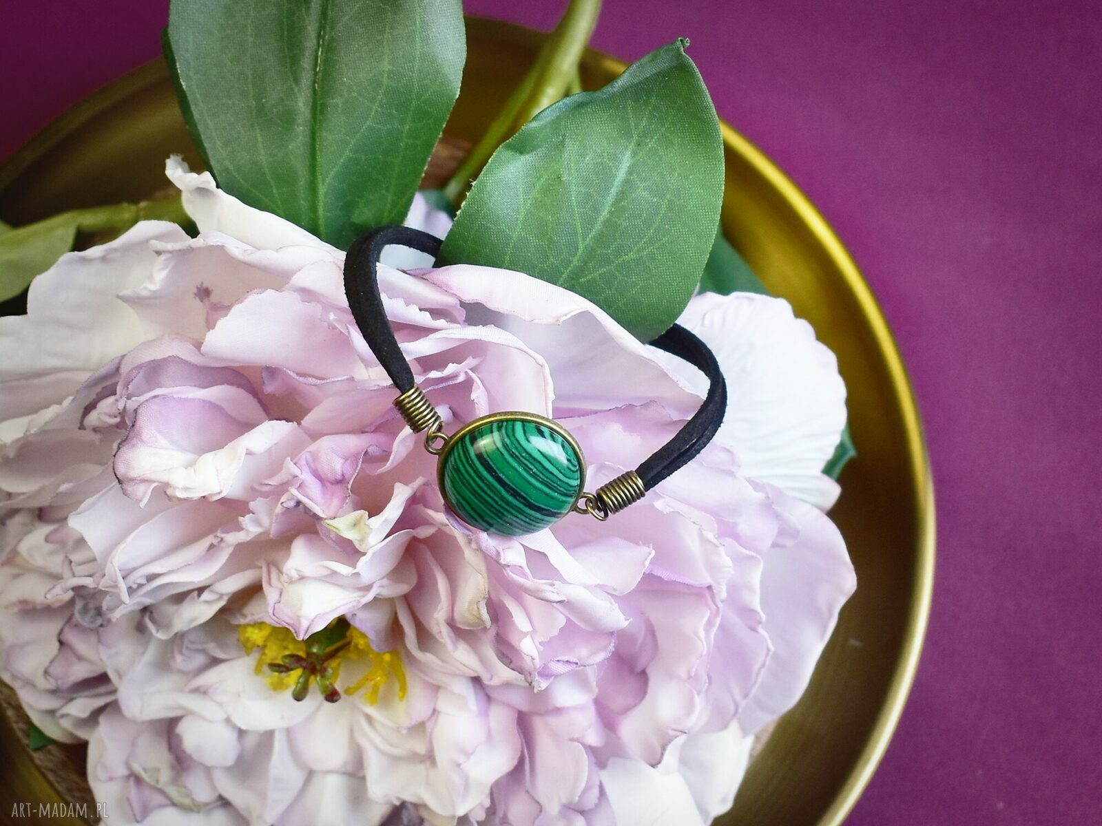 bransoletki: Bransoletka na rzemyku kamień malachit antyczny brąz #92 handmade