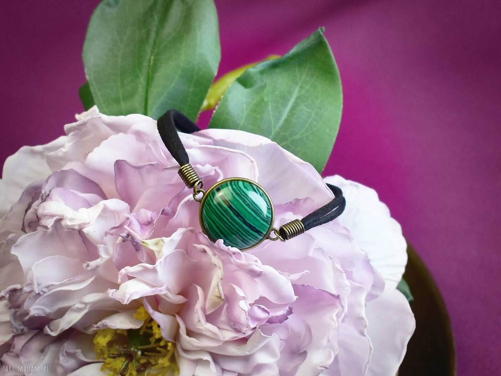 bransoletki: Bransoletka na rzemyku kamień malachit antyczny brąz #92 handmade