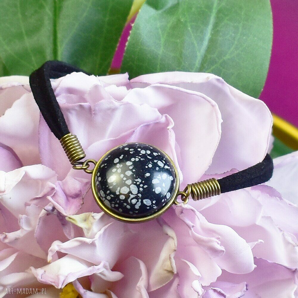 Bransoletka rzemyku kamień obsydian śnieżny antyczny brąz #99