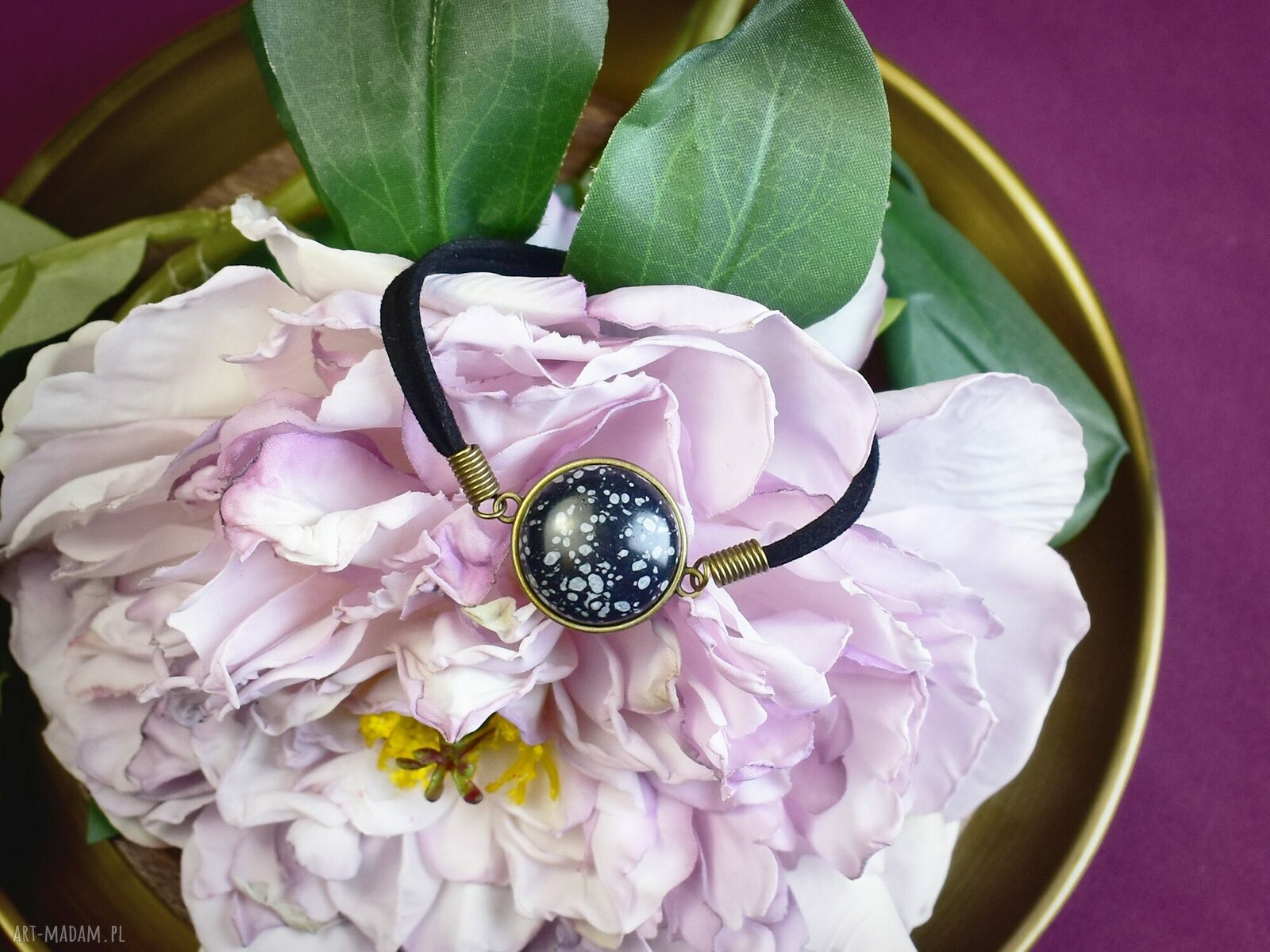 bransoletki: Bransoletka na rzemyku kamień obsydian śnieżny antyczny brąz #99