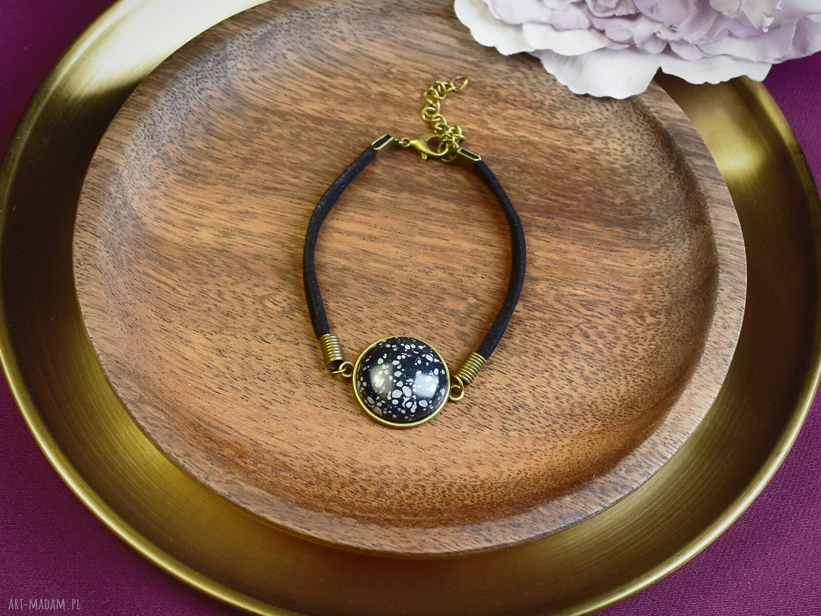 bransoletki: Bransoletka na rzemyku kamień obsydian śnieżny antyczny brąz #99