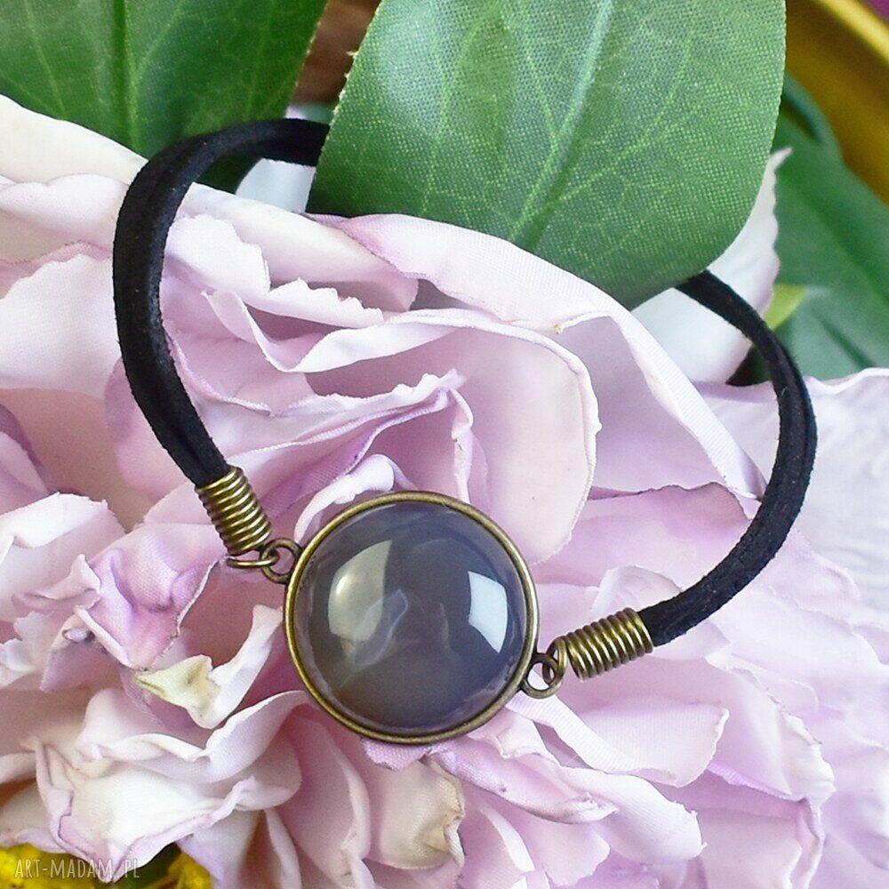 Bransoletka rzemyku kamień szary agat antyczny brąz #95 retro