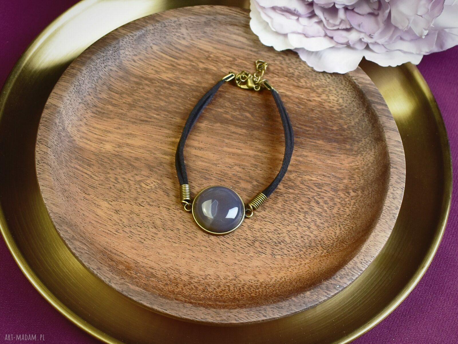 bransoletki: Bransoletka na rzemyku kamień szary agat antyczny brąz #95 handmade