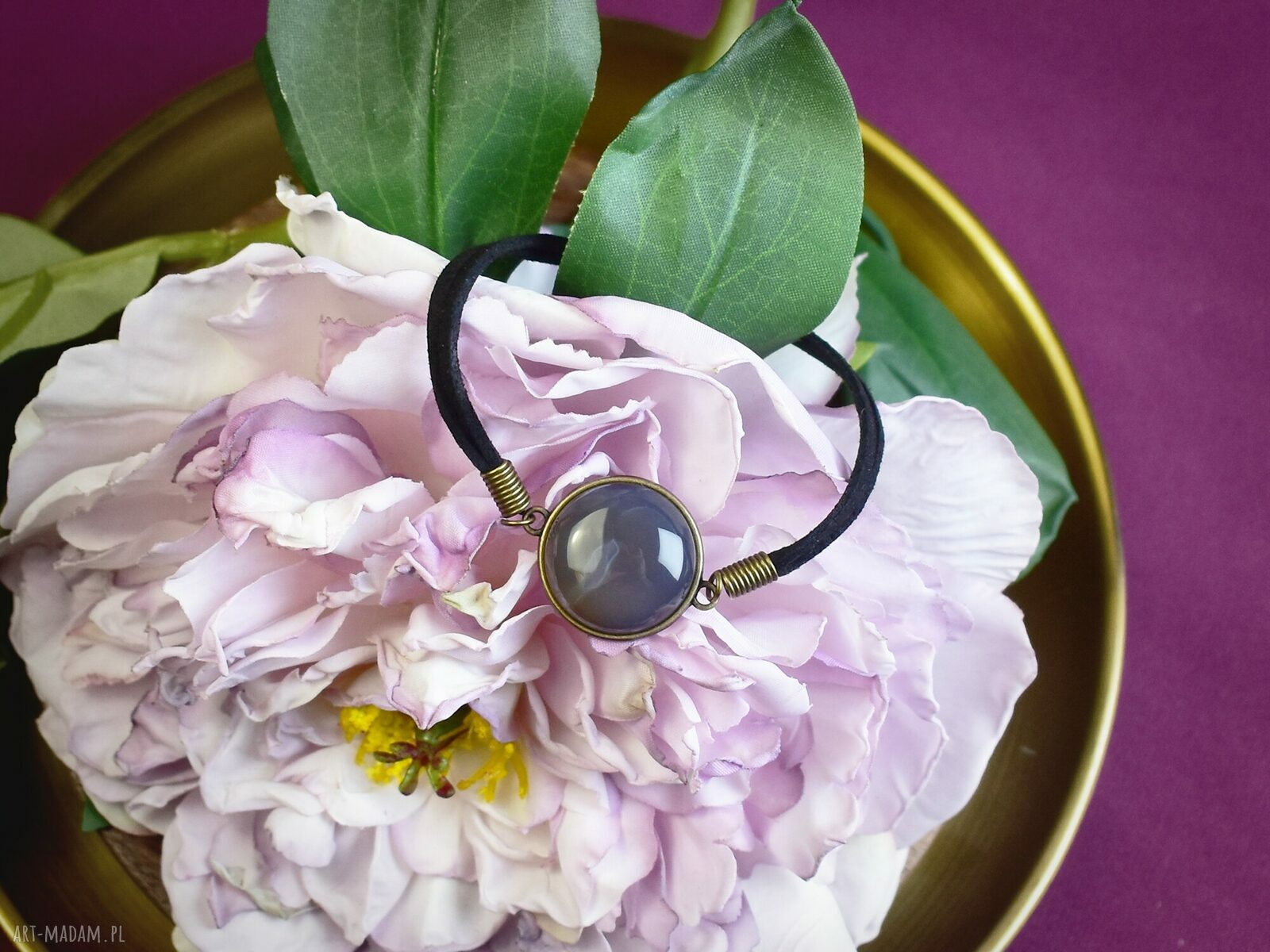 bransoletki: Bransoletka na rzemyku kamień szary agat antyczny brąz #95 handmade