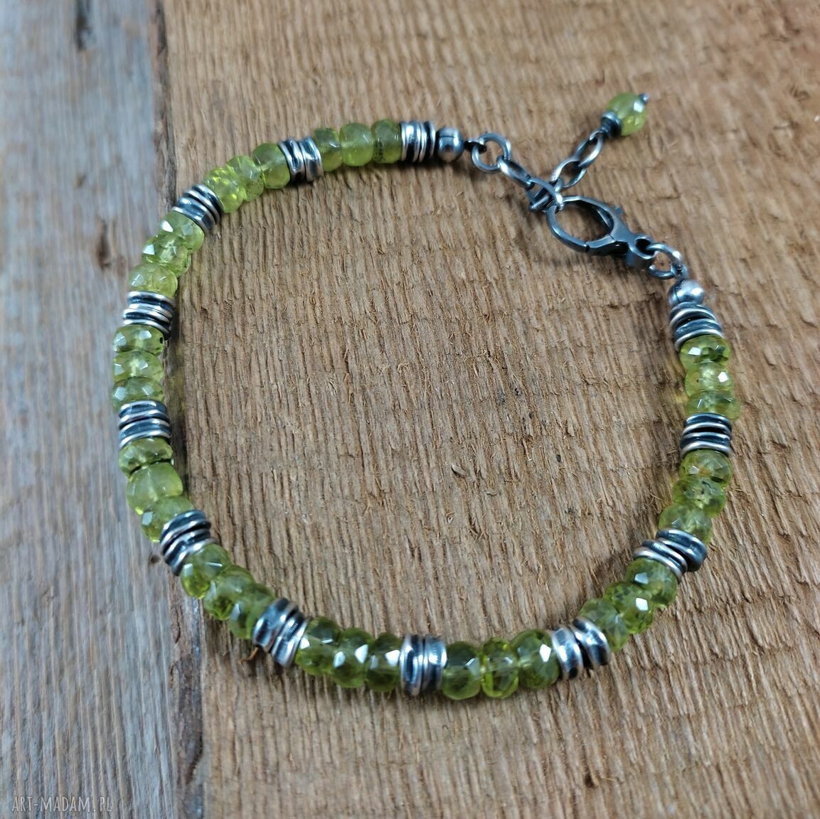 Bransoletka z oliwinu (peridot) z przekładkami - srebro 925 oksydowane