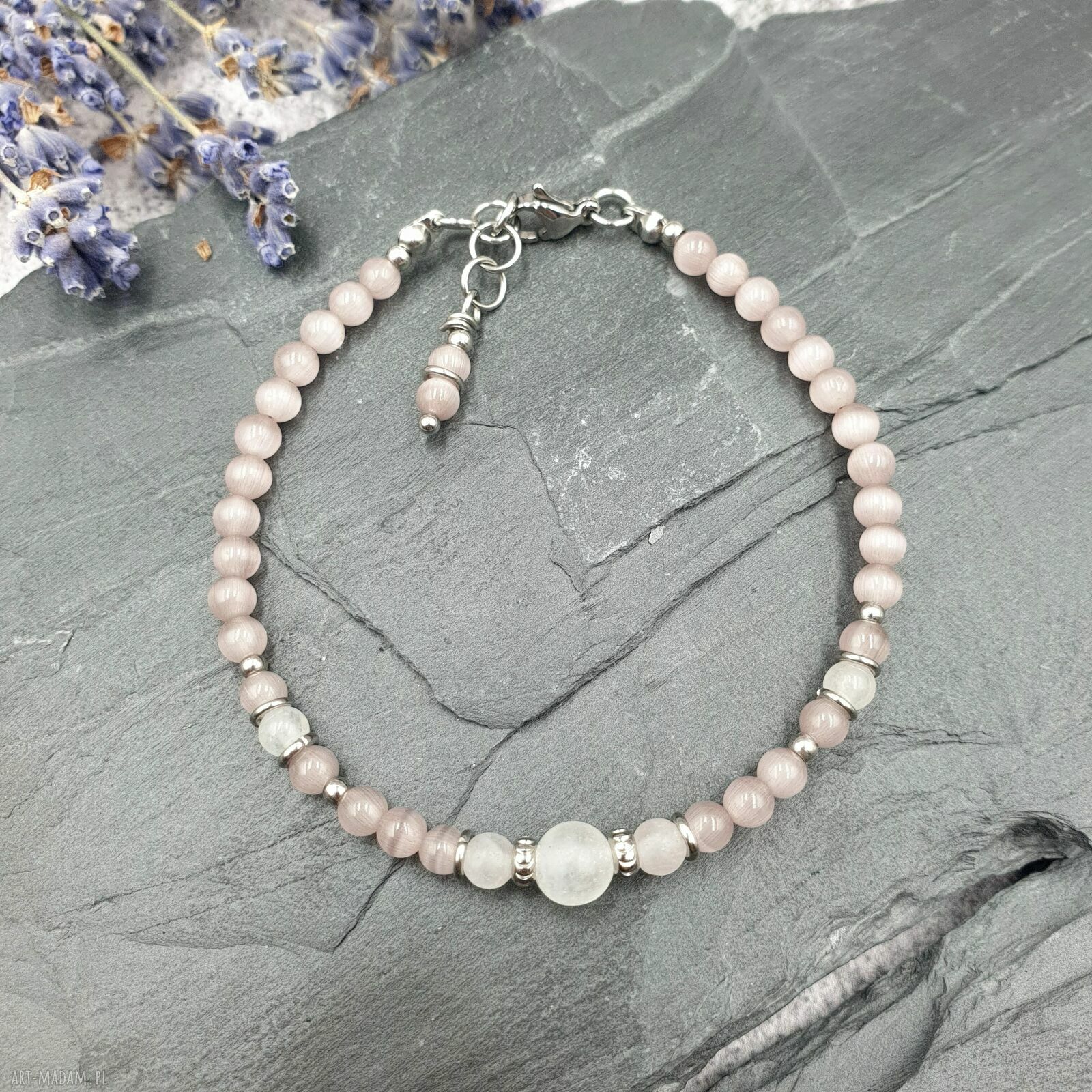 Bransoletka perłowy róż - kocie oko i agat pastelowa, handmade