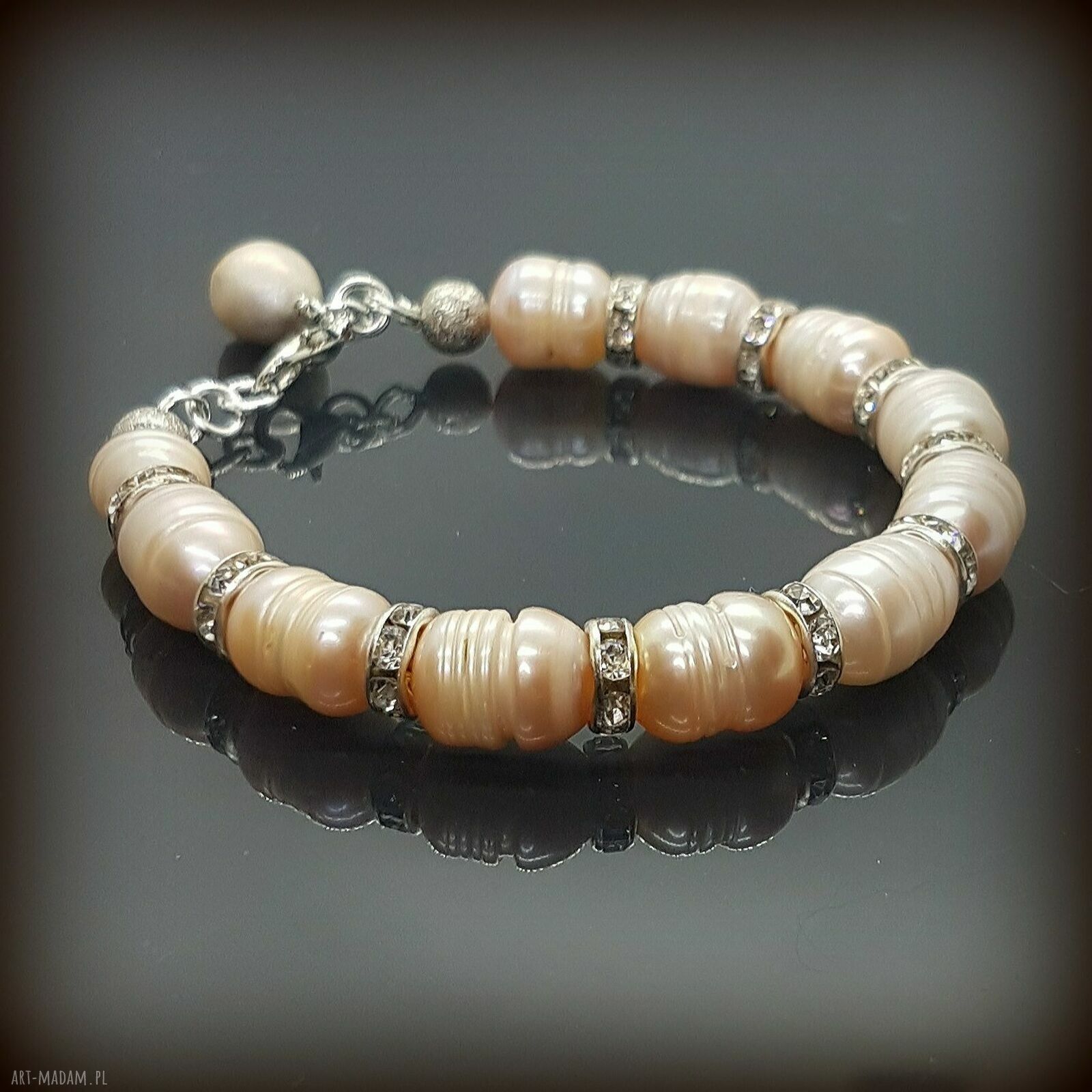 Bransoletka Perły 0338 - lawendowe perły hodowlane z przekładkami strass