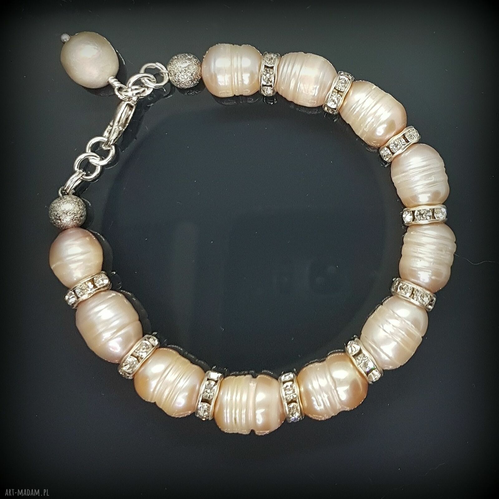 Bransoletka Perły 0338 - lawendowe perły hodowlane z przekładkami strass