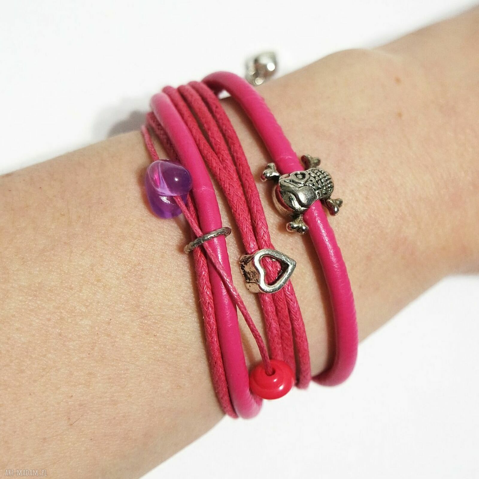 Różowa bransoletka handmade dla niej - Pink czaszka, pirat