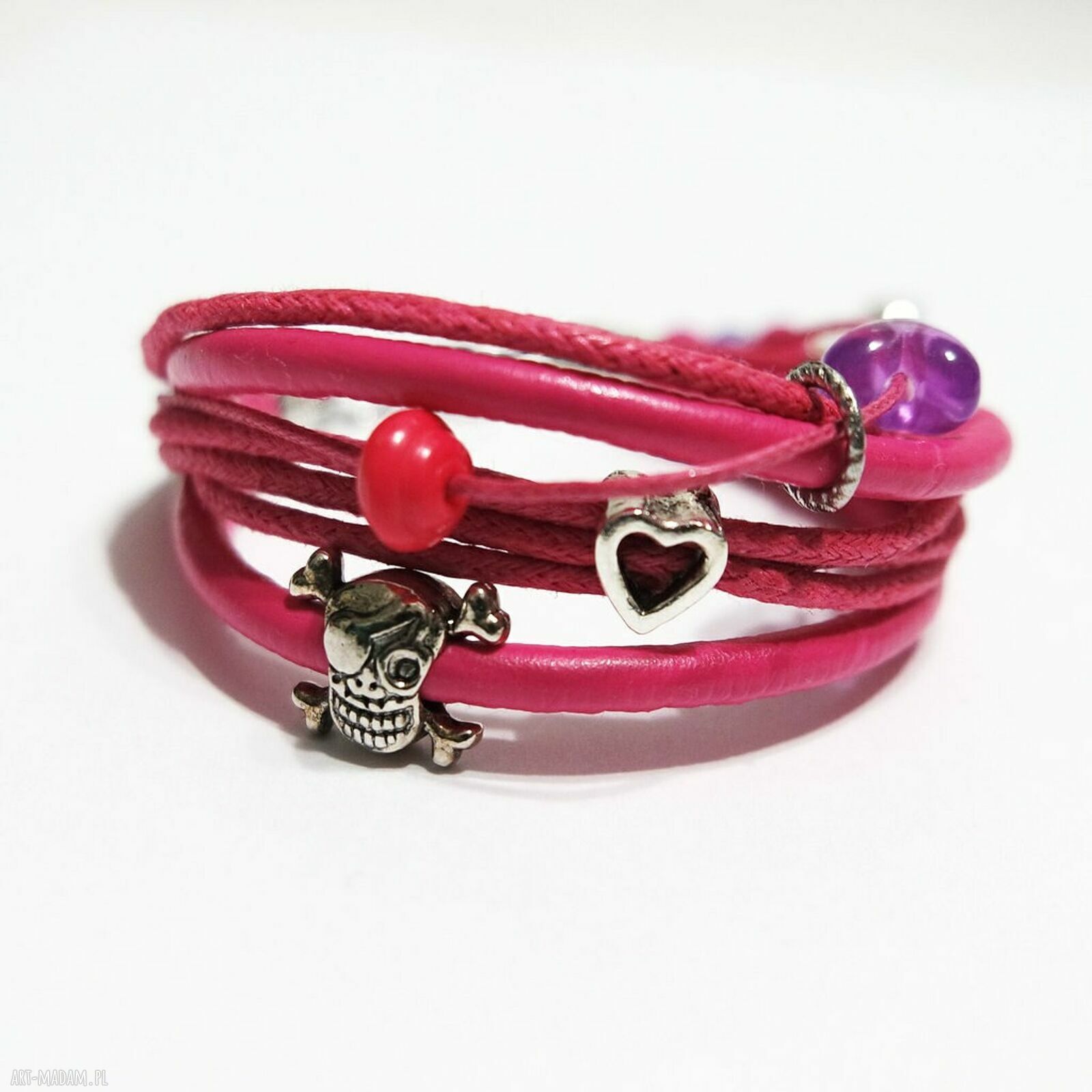 Różowa bransoletka handmade dla niej - Pink czaszka, pirat