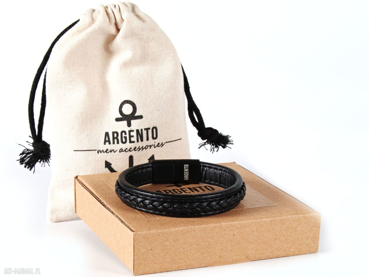 Bransoletka męska skórzana Premium Argento - pleciony rzemień i stalowe zapięcie
