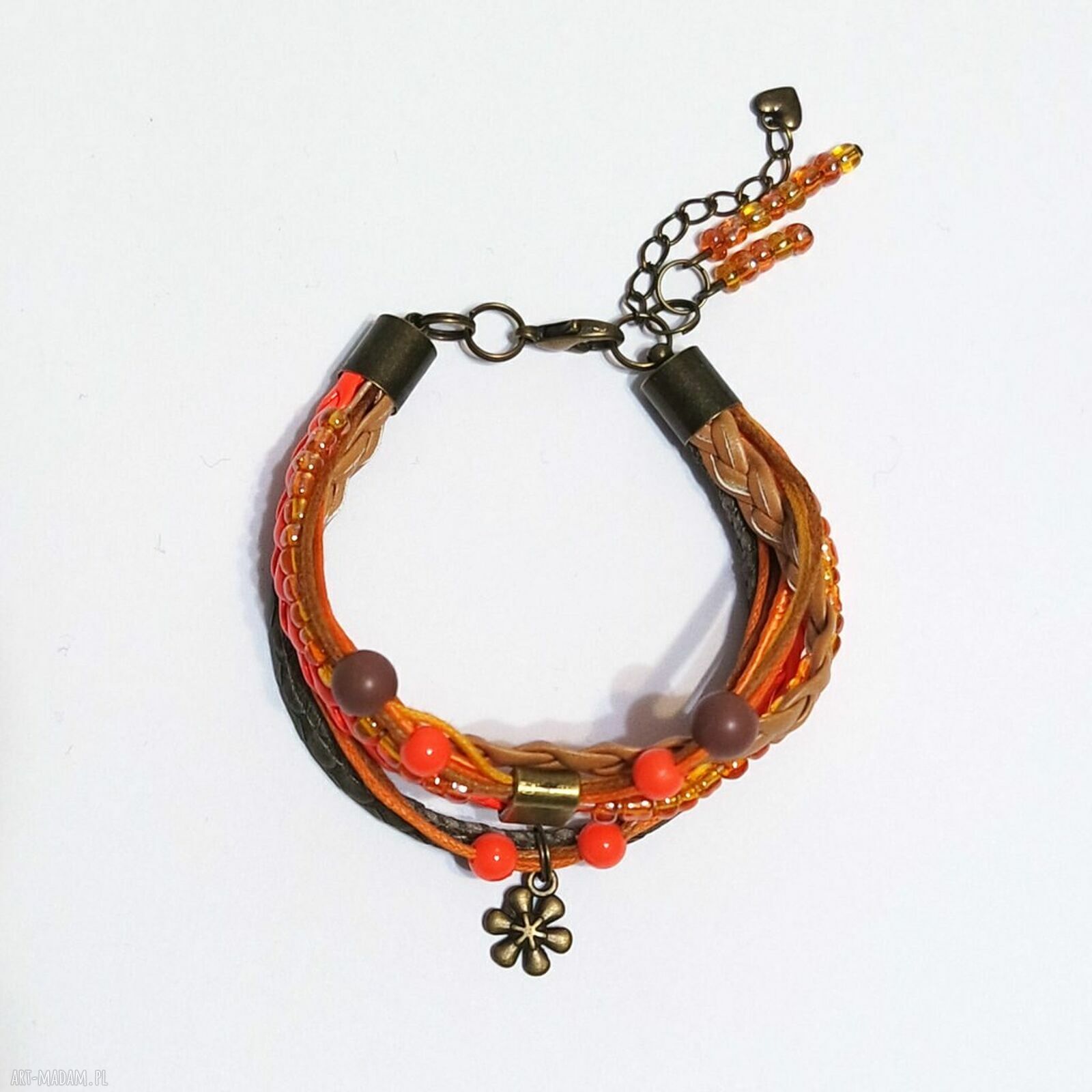 Bransoletka handmade z rzemieni z pomarańczowym kwiatem