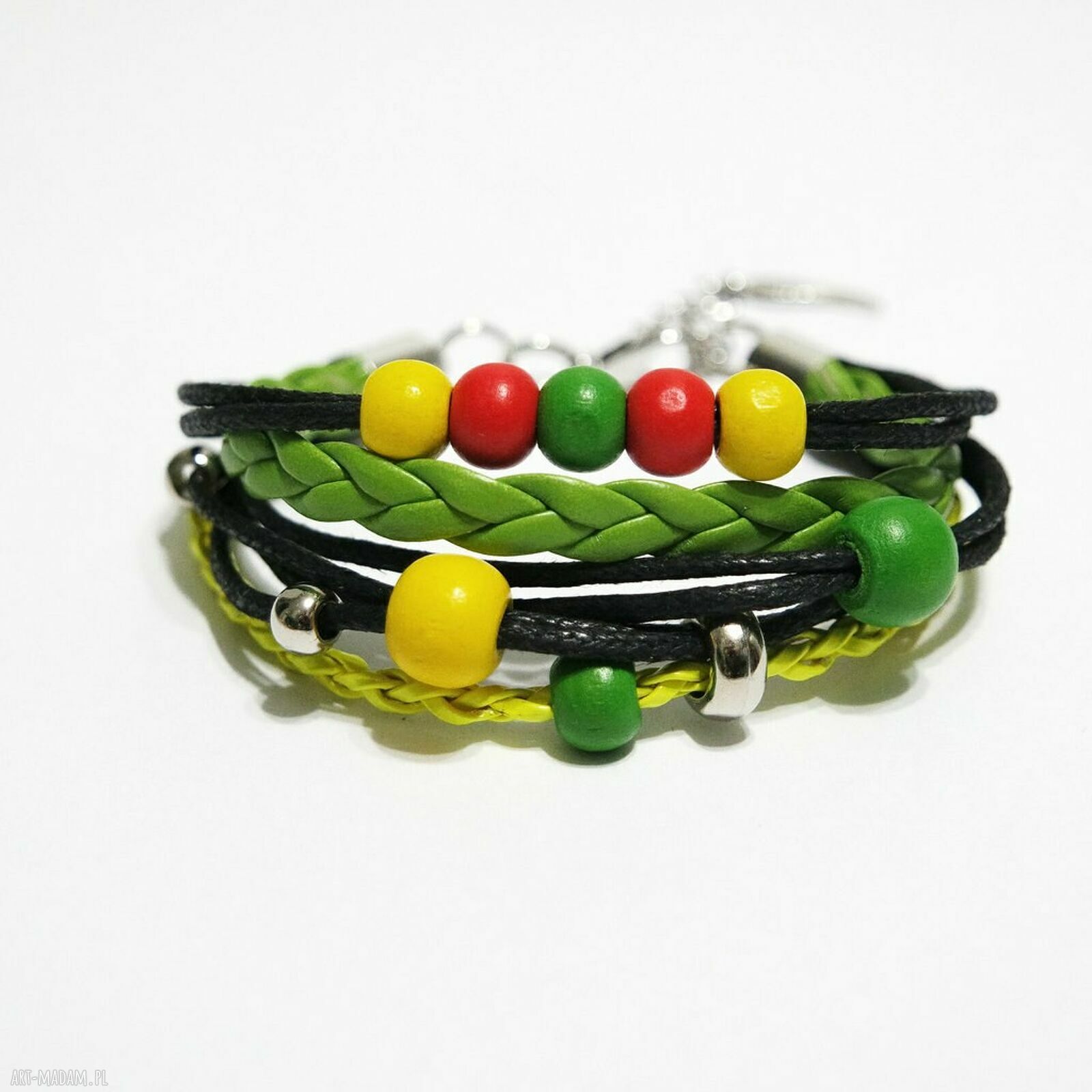 Bransoletka Rasta pleciona - handmade z rzemieni i koralików