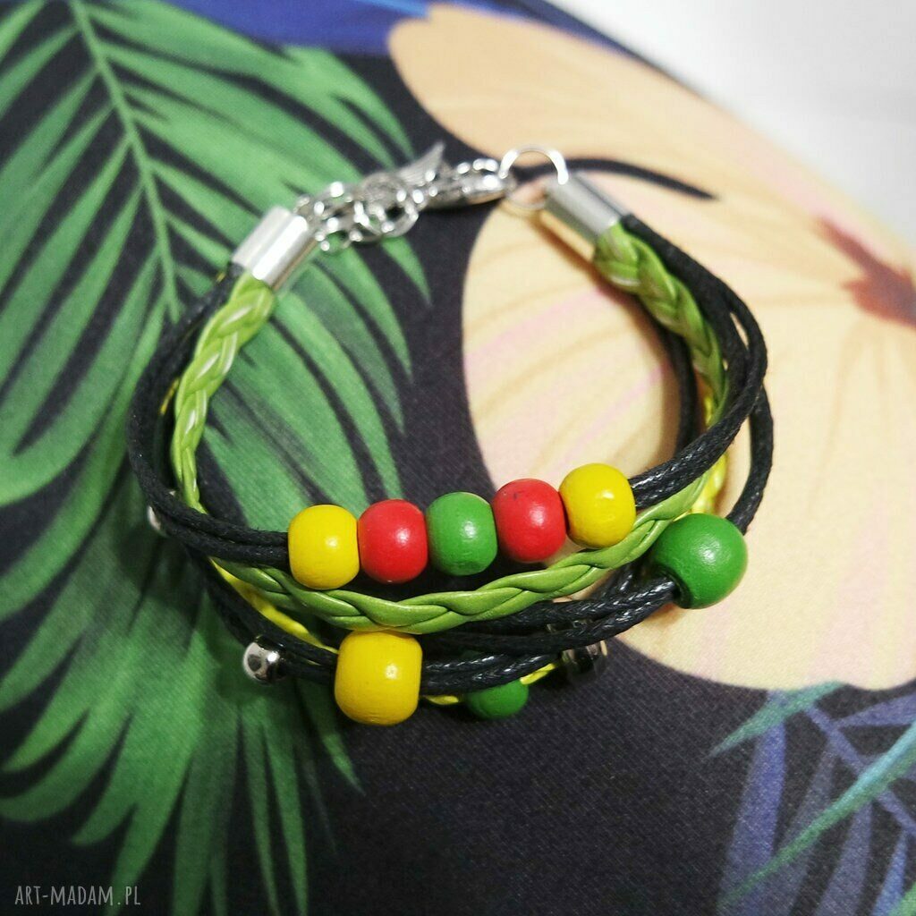Bransoletka Rasta pleciona - handmade z rzemieni i koralików