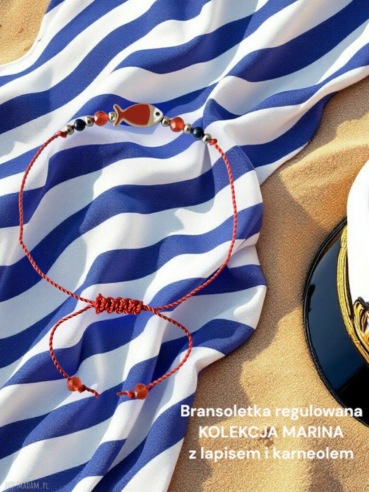 Marynistyczna bransoletka regulowana z lapis lazuli i karneolem (rybka)